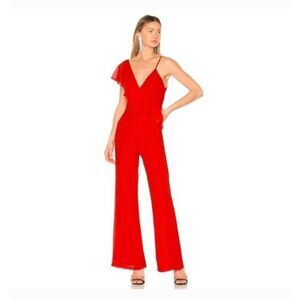 Lpa revolve red small assymetrical sleeve ruffle pant jumpsuit red chiffon EUC b